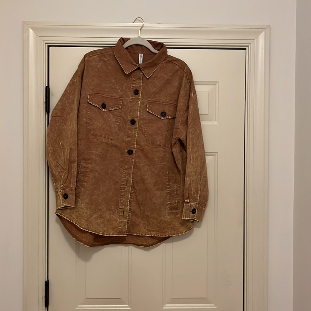 Deep Camel Poplin Vintage-Wash Oversized Shacket/NWOT/L - Picture 6 of 8